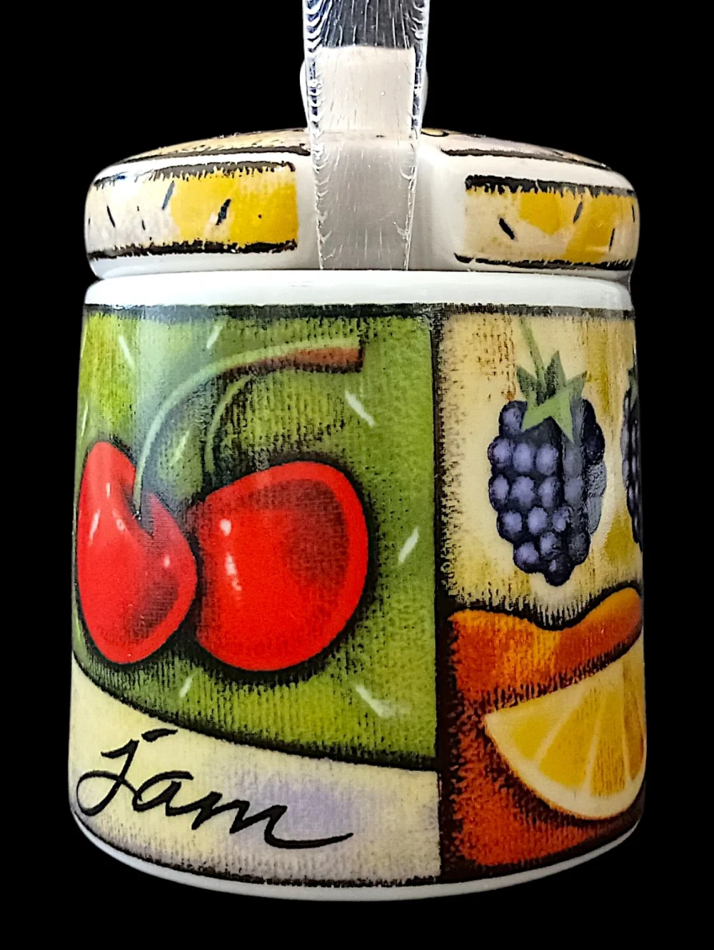 Vintage MSC Joie De‎ Vivre Ceramic Jam Jelly Jar Lid Spoon Fruit Confiture Pot